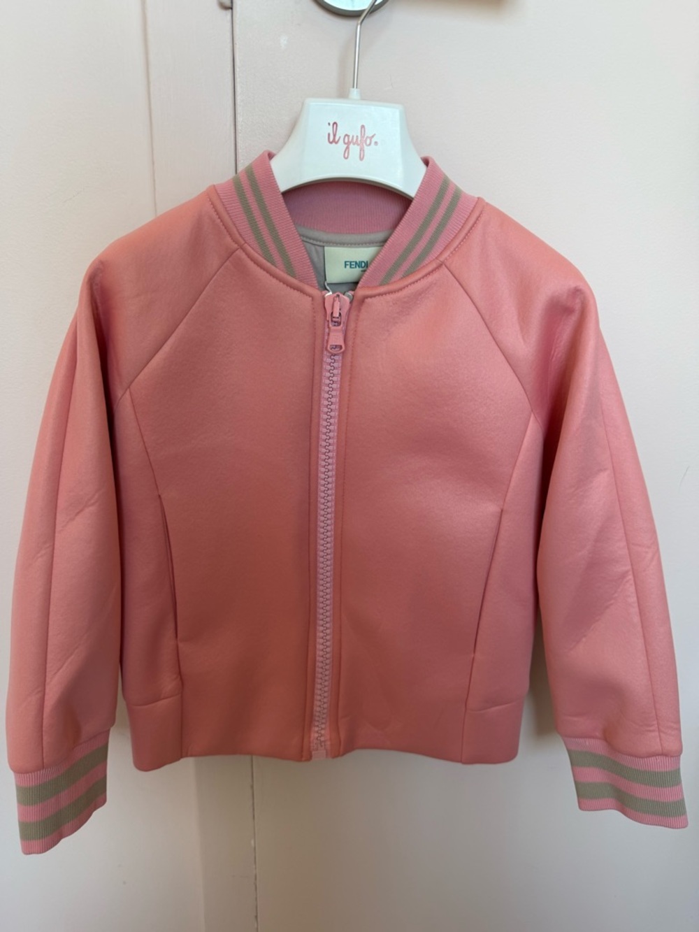 Fendi Pink Girls' Bomber Jacket with Green-Trim Ribbing
